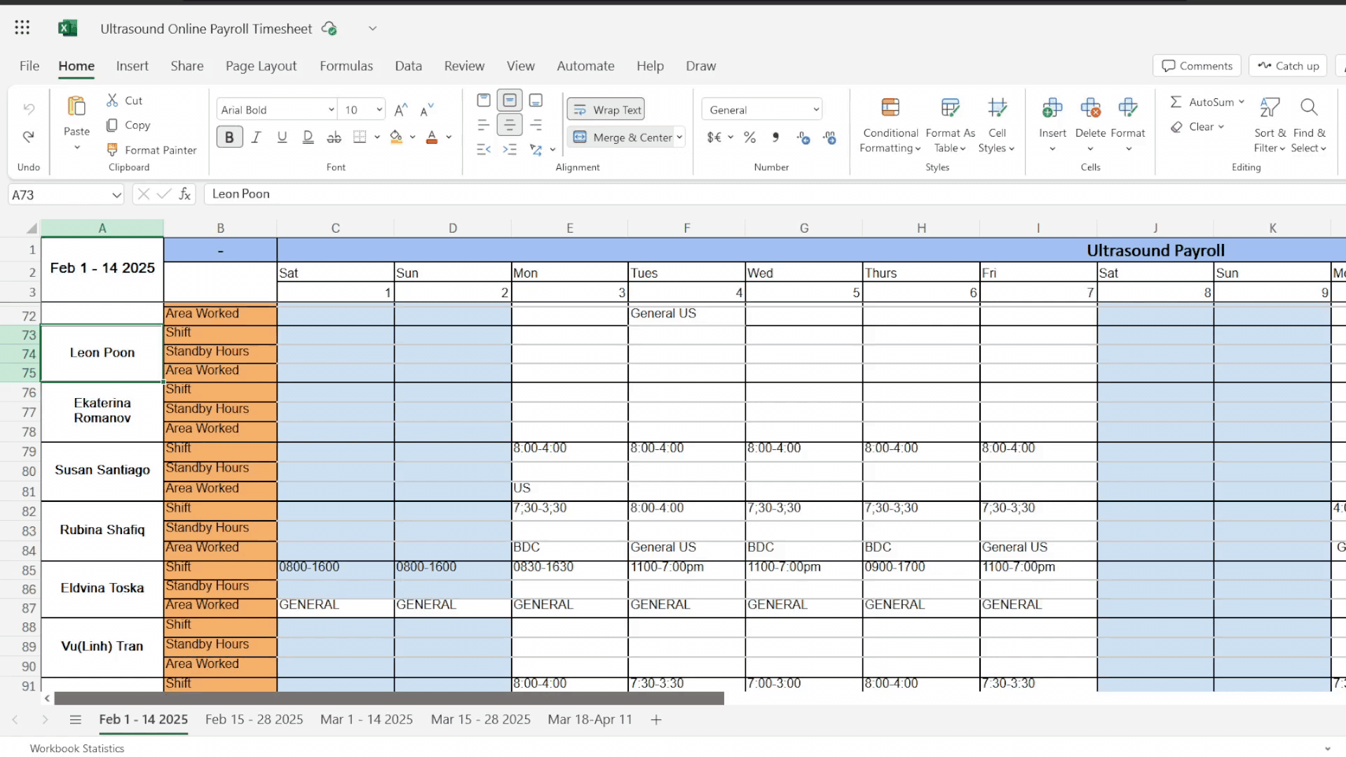 Paste copied generated values into Excel spreadsheet into Column C, first of the three rows allotted for the employee.