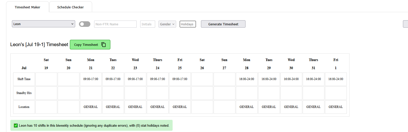 Check the generated timesheet output, then click copy to have values copied onto the browser clipboard